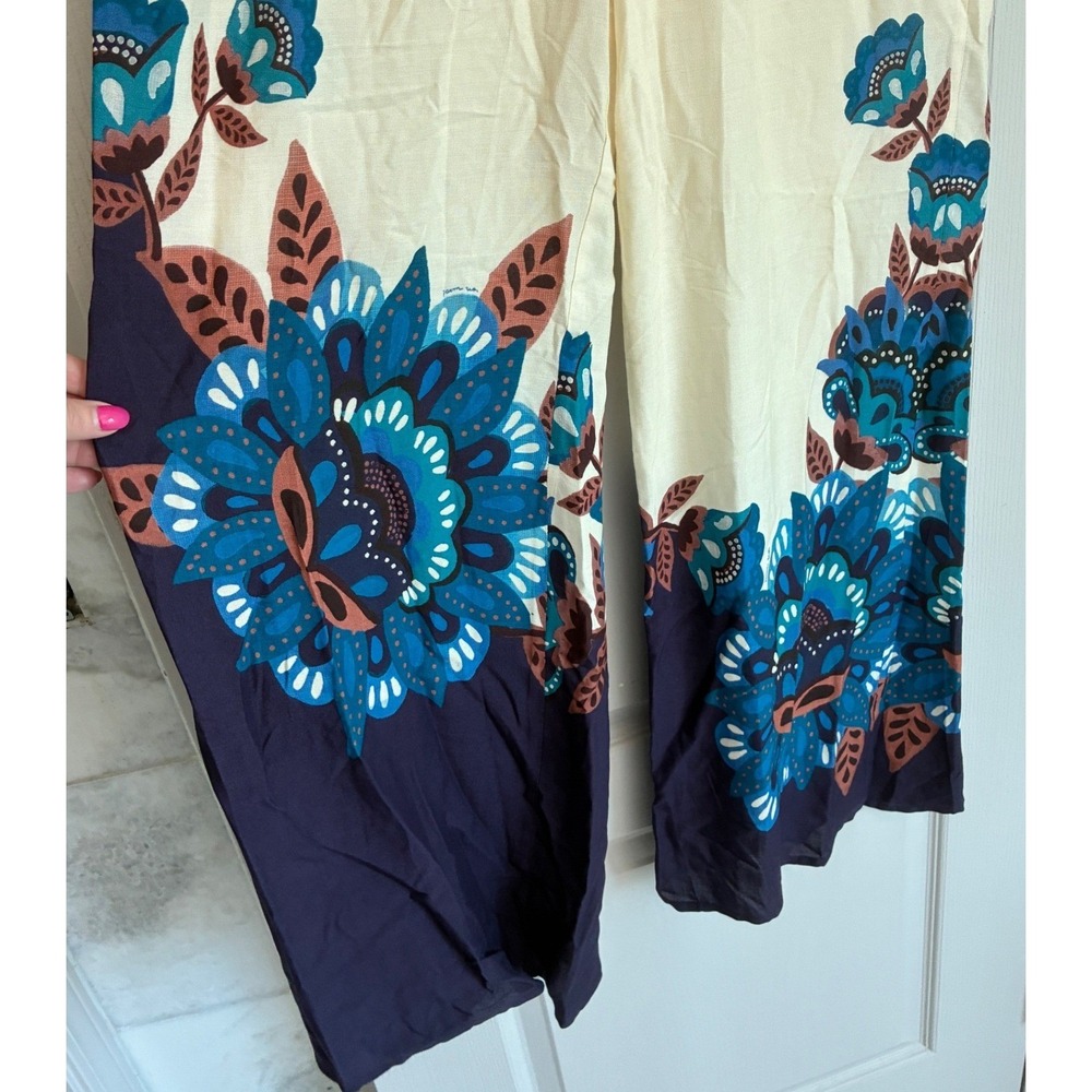 Farm Rio Anthropologie Floral Wide Leg Pants Cream Navy Blue Beaded Tassel Small - Picture 14 of 14